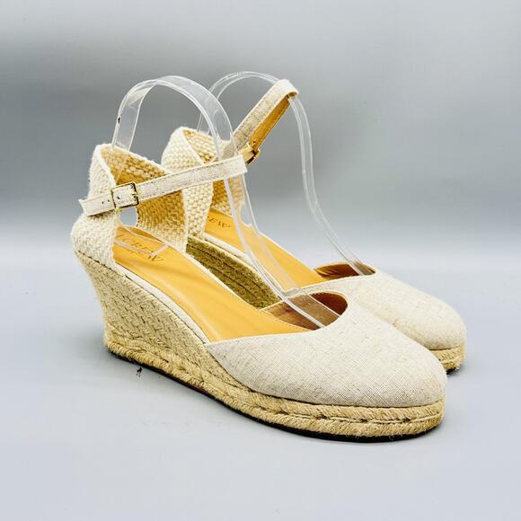 J Crew Sandals Womens 9.5 Beige Canvas Espadrille Wedge Closed Toe Ankle Strap - Picture 2 of 12